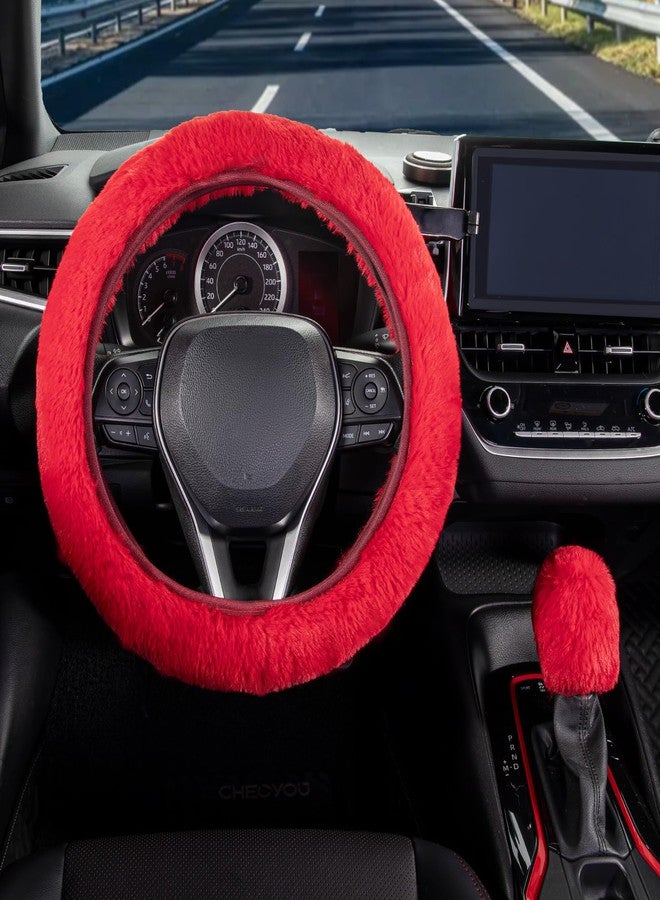SEG Direct Furry Car Steering Wheel Cover with Fluffy Gear Shift Cover Soft Warm Non-Slip Car Decoration for Women Girls 2 PCS Set, Red - Image 2