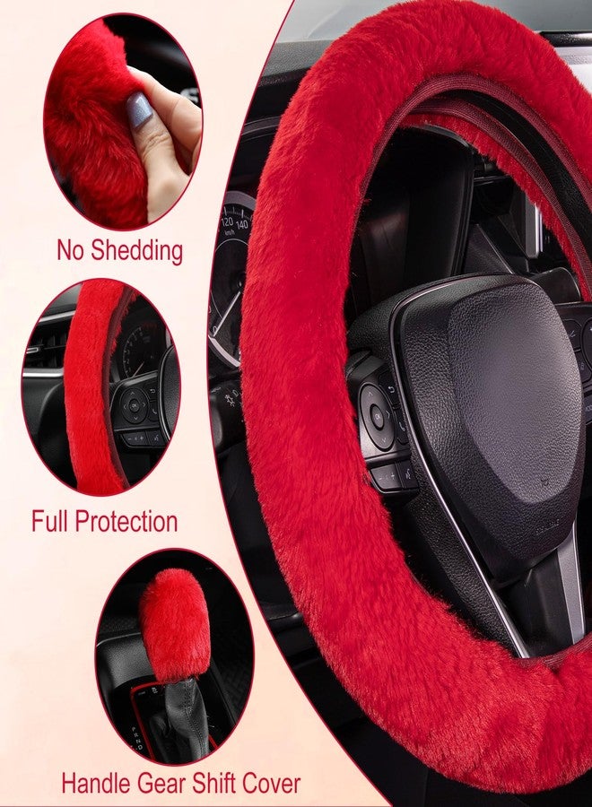 SEG Direct Furry Car Steering Wheel Cover with Fluffy Gear Shift Cover Soft Warm Non-Slip Car Decoration for Women Girls 2 PCS Set, Red - Image 4