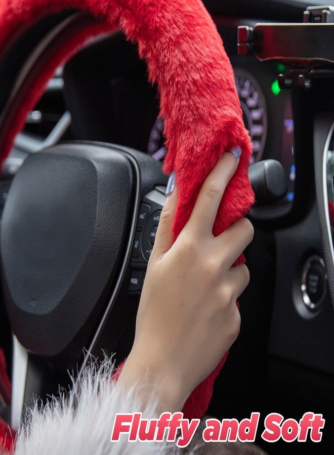 SEG Direct Furry Car Steering Wheel Cover with Fluffy Gear Shift Cover Soft Warm Non-Slip Car Decoration for Women Girls 2 PCS Set, Red - Image 3