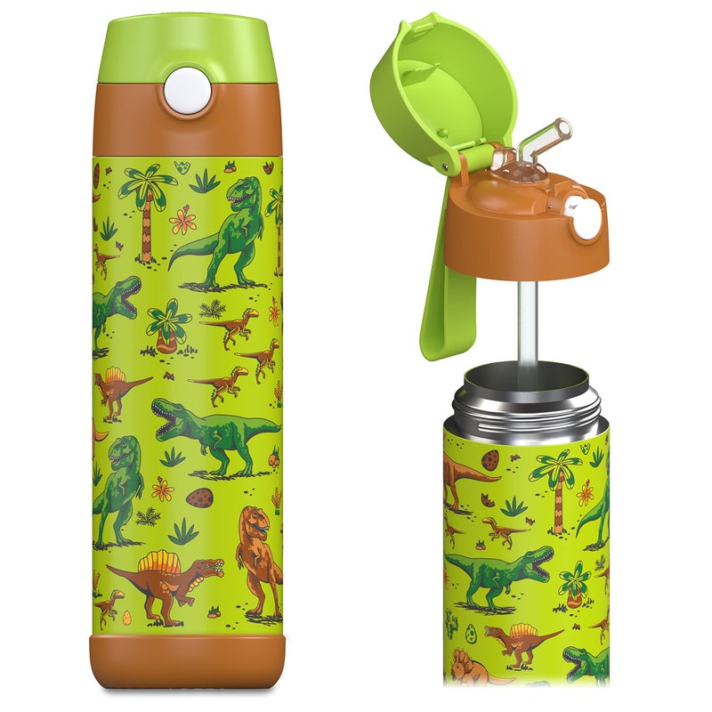زجاجة ماء للأطفال من JARLSON مع قشة CHARLI زجاجة ماء معزولة من الفولاذ المقاوم للصدأ 18 أونصة، ديناصور موزاييك للبنات والأولاد