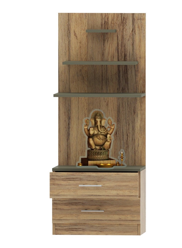 Mahmayi Modern Wooden Mandir, Temple with 2 Drawers for Storage Pooja Essentials and 3 Shelves for God Statue Sturdy Steel Legs Ideal for Home, Office, Temple - Vintage Santa Fe Oak and Lava Grey - Image 1