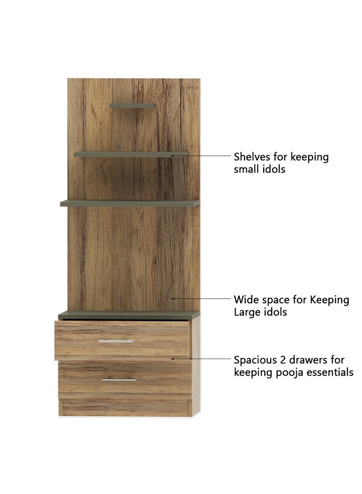 Mahmayi Modern Wooden Mandir, Temple with 2 Drawers for Storage Pooja Essentials and 3 Shelves for God Statue Sturdy Steel Legs Ideal for Home, Office, Temple - Vintage Santa Fe Oak and Lava Grey - Image 3