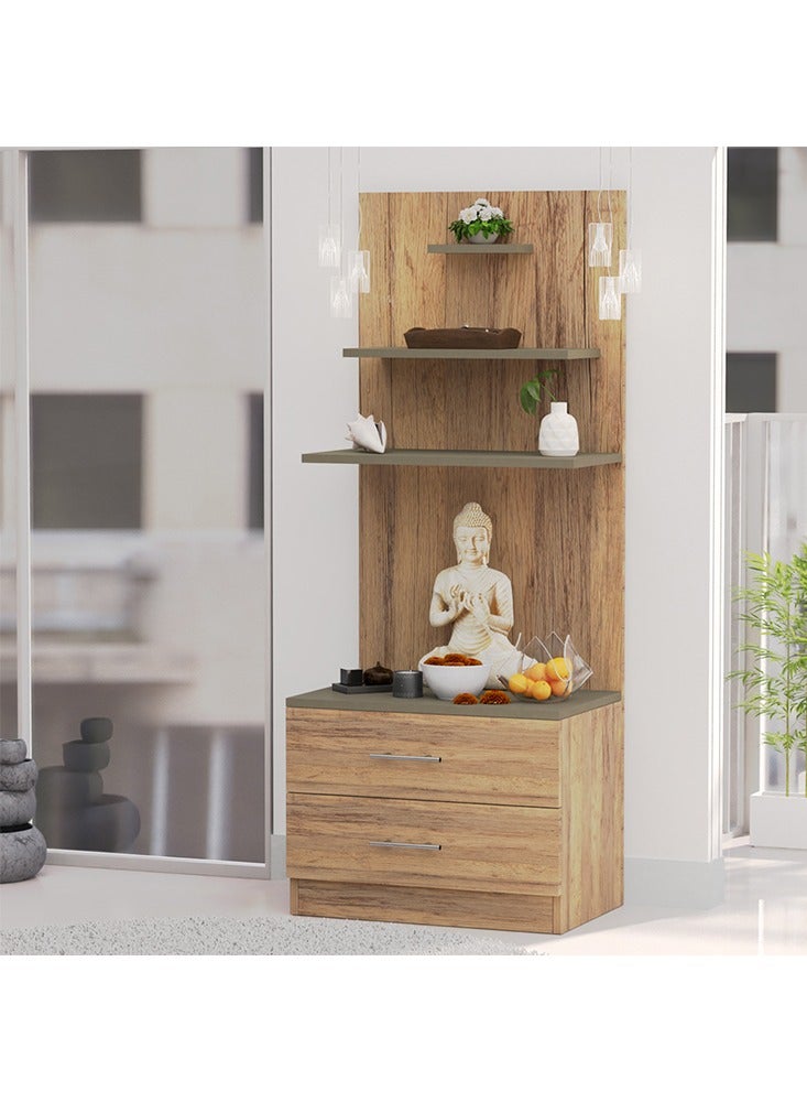Mahmayi Modern Wooden Mandir, Temple with 2 Drawers for Storage Pooja Essentials and 3 Shelves for God Statue Sturdy Steel Legs Ideal for Home, Office, Temple - Vintage Santa Fe Oak and Lava Grey - Image 4