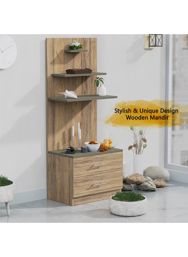 Mahmayi Modern Wooden Mandir, Temple with 2 Drawers for Storage Pooja Essentials and 3 Shelves for God Statue Sturdy Steel Legs Ideal for Home, Office, Temple - Vintage Santa Fe Oak and Lava Grey - Image 5