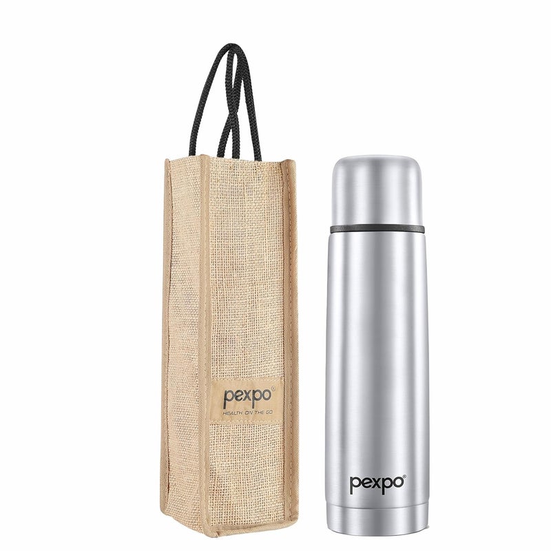 Pexpo FlexoISI CertifiedVacuum Insulated Hot Cold Stainless Steel Flask with Jute Bag 500ml Silver Steel BottleThermoflaskLeak ProofTravellingSchool TrekkingOfficeMen Women Kids