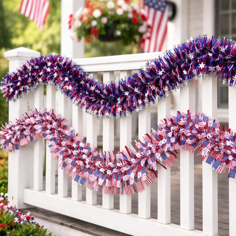 Red White and Blue Tinsel Garland 6.5 ft 2 Pack, Patriotic Decorations Metallic Foil Fringe Streamers for 4th of July, Independence Day, Memorial Day Party Decorations Home Wall Door Decor - Image 3