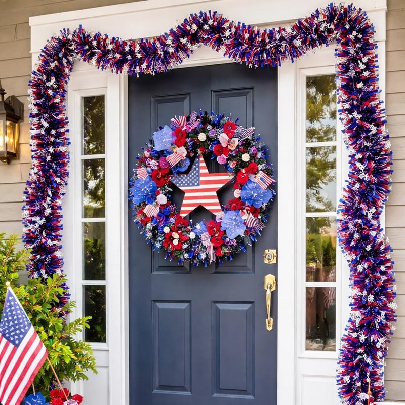 Red White and Blue Tinsel Garland 6.5 ft 2 Pack, Patriotic Decorations Metallic Foil Fringe Streamers for 4th of July, Independence Day, Memorial Day Party Decorations Home Wall Door Decor - Image 4