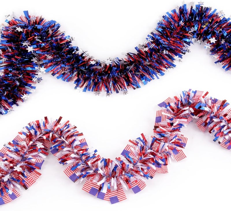 Red White and Blue Tinsel Garland 6.5 ft 2 Pack, Patriotic Decorations Metallic Foil Fringe Streamers for 4th of July, Independence Day, Memorial Day Party Decorations Home Wall Door Decor - Image 1