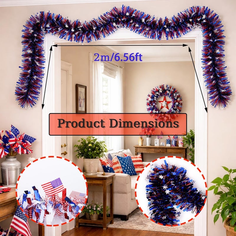 Red White and Blue Tinsel Garland 6.5 ft 2 Pack, Patriotic Decorations Metallic Foil Fringe Streamers for 4th of July, Independence Day, Memorial Day Party Decorations Home Wall Door Decor - Image 2