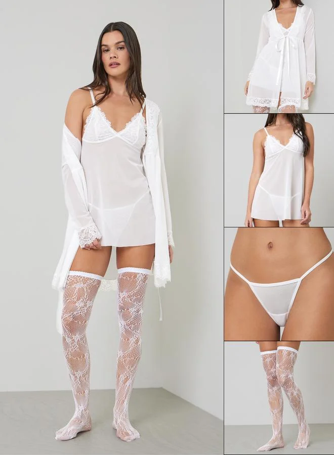Pack Of 4 - Lace Detail Babydoll, Robe, Brief And Stockings Set