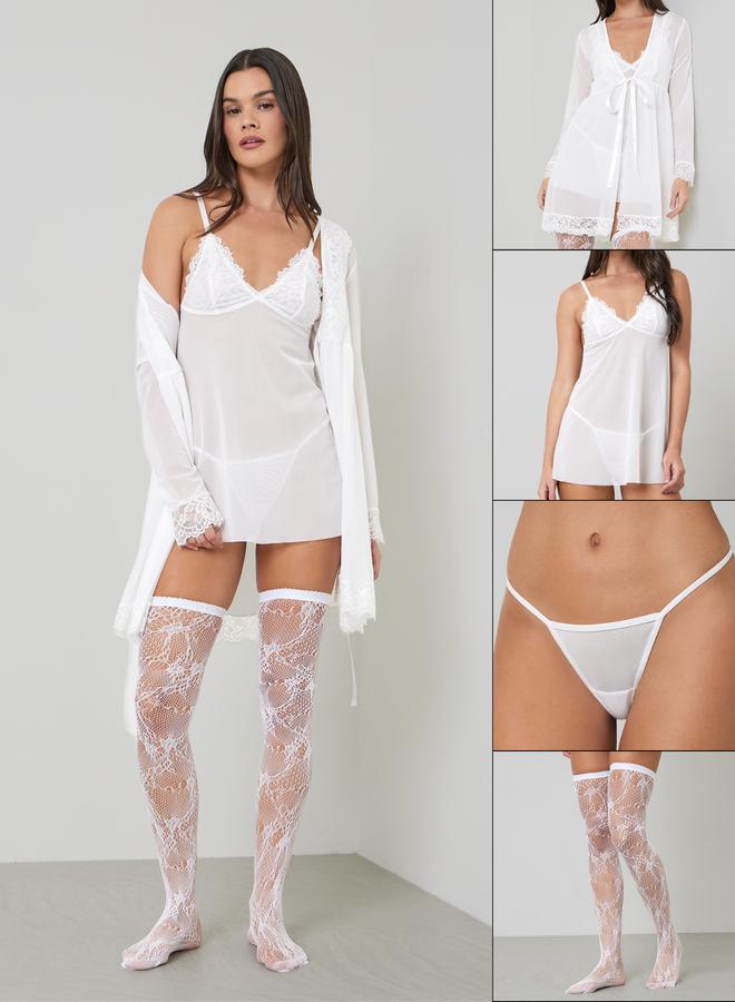 Styli Pack Of 4 - Lace Detail Babydoll, Robe, Brief And Stockings Set - Image 1