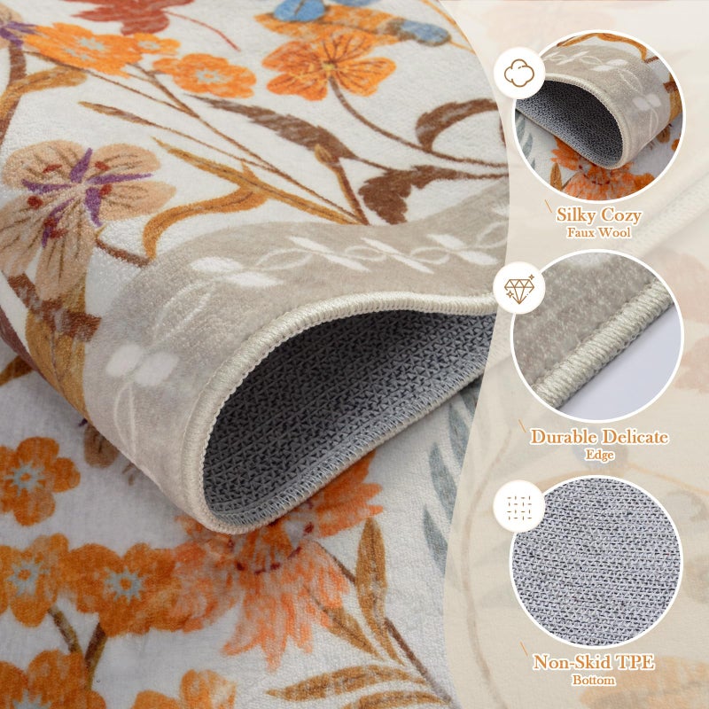 Wonnitar Fall Washable 5x7 Rug for Bedroom, Low Pile Soft Boho Floral Living Room Area Rug, Non Slip Throw Carpet for Girls Room Nursery Playroom Guest Room (Orange,5'x7') - Image 3