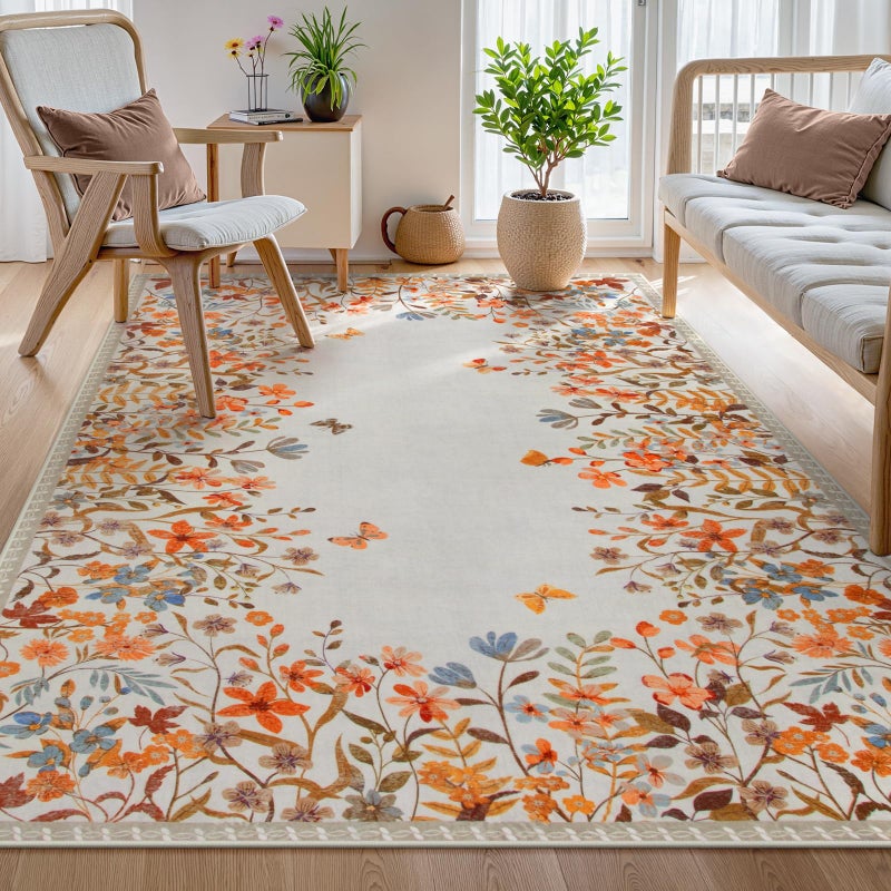 Wonnitar Fall Washable 5x7 Rug for Bedroom, Low Pile Soft Boho Floral Living Room Area Rug, Non Slip Throw Carpet for Girls Room Nursery Playroom Guest Room (Orange,5'x7') - Image 1