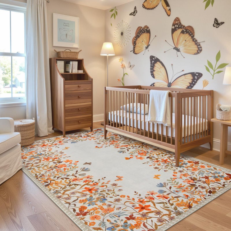 Wonnitar Fall Washable 5x7 Rug for Bedroom, Low Pile Soft Boho Floral Living Room Area Rug, Non Slip Throw Carpet for Girls Room Nursery Playroom Guest Room (Orange,5'x7') - Image 2