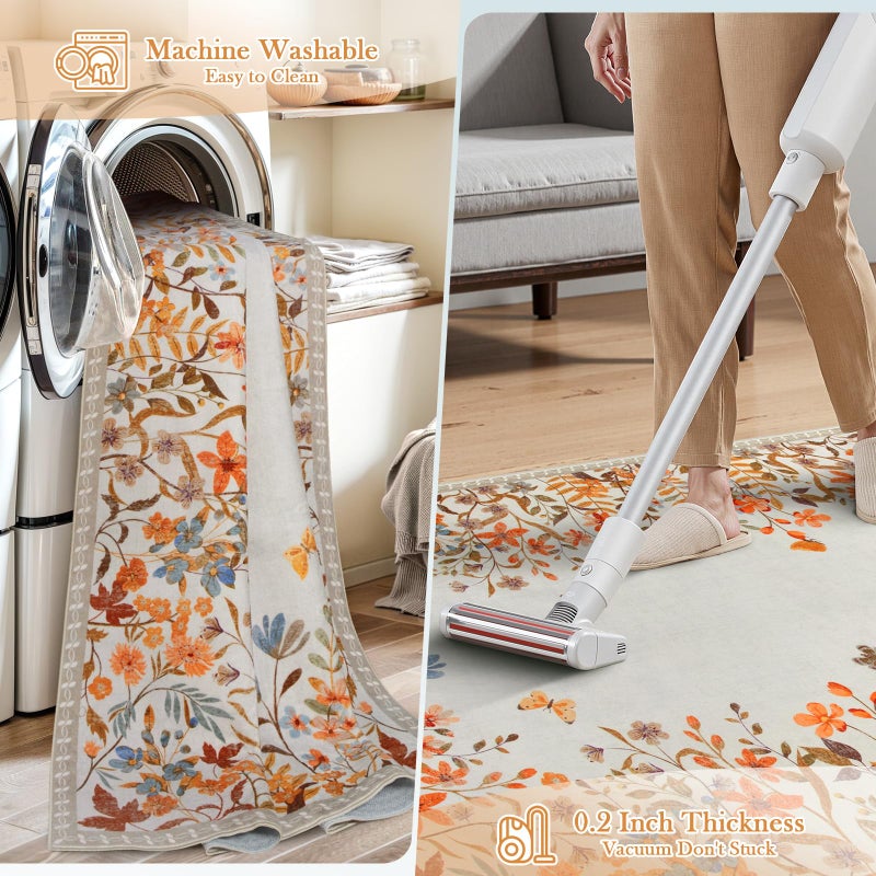 Wonnitar Fall Washable 5x7 Rug for Bedroom, Low Pile Soft Boho Floral Living Room Area Rug, Non Slip Throw Carpet for Girls Room Nursery Playroom Guest Room (Orange,5'x7') - Image 4