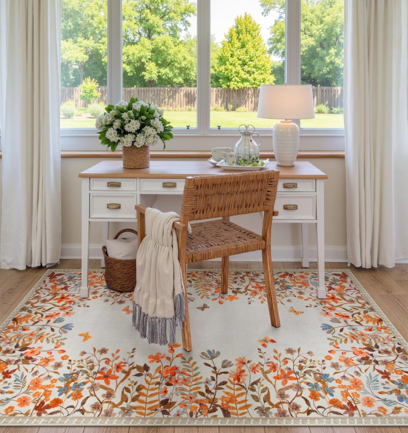 Wonnitar Fall Washable 5x7 Rug for Bedroom, Low Pile Soft Boho Floral Living Room Area Rug, Non Slip Throw Carpet for Girls Room Nursery Playroom Guest Room (Orange,5'x7') - Image 5