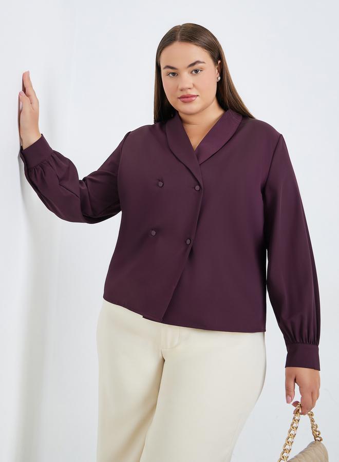Styli Plus Size Burgundy Long Sleeve Wrap Blouse - Image 1