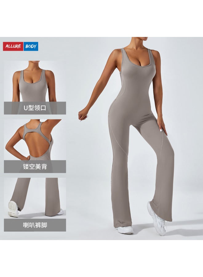 European And American Tight-fitting Backless One-piece Yoga Clothes Lifting Sports Fitness Clothes, Wide-leg Bell-bottom Pants, Tummy-tightening One-piece Bodysuit - Image 3