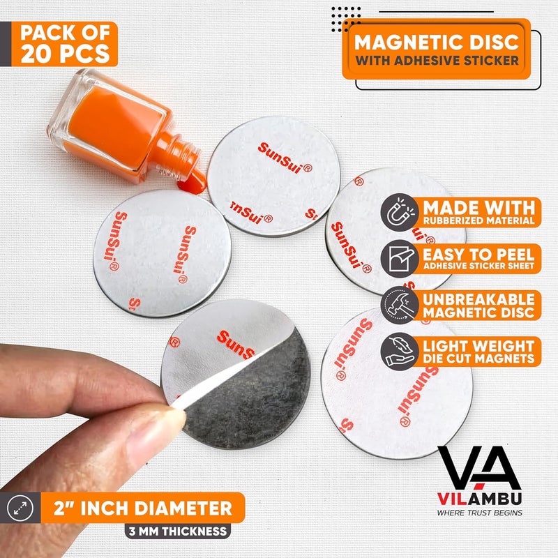 VilAmbu 2 inch, 3 mm Thick 20 PCS Self Adhesive Flexible Rubberized Magnetic Sheet Sticker Circles for DIY Art Craft Work, Office Notice Boards, Fridge Photo Magnets, School College Projects (50 mm) - Image 2