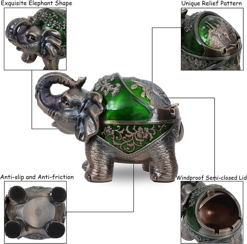 Gusnilo Stand Elephant Ash Tray Vintage Metal Ashtray with Lid - Indoor & Outdoor, Green - Image 4