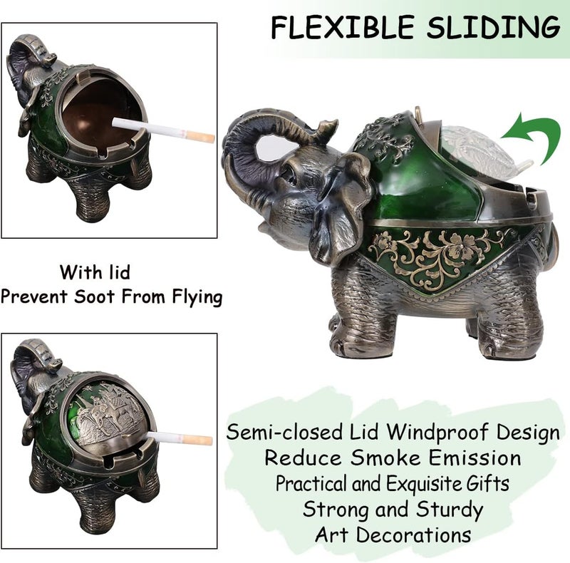 Gusnilo Stand Elephant Ash Tray Vintage Metal Ashtray with Lid - Indoor & Outdoor, Green - Image 3