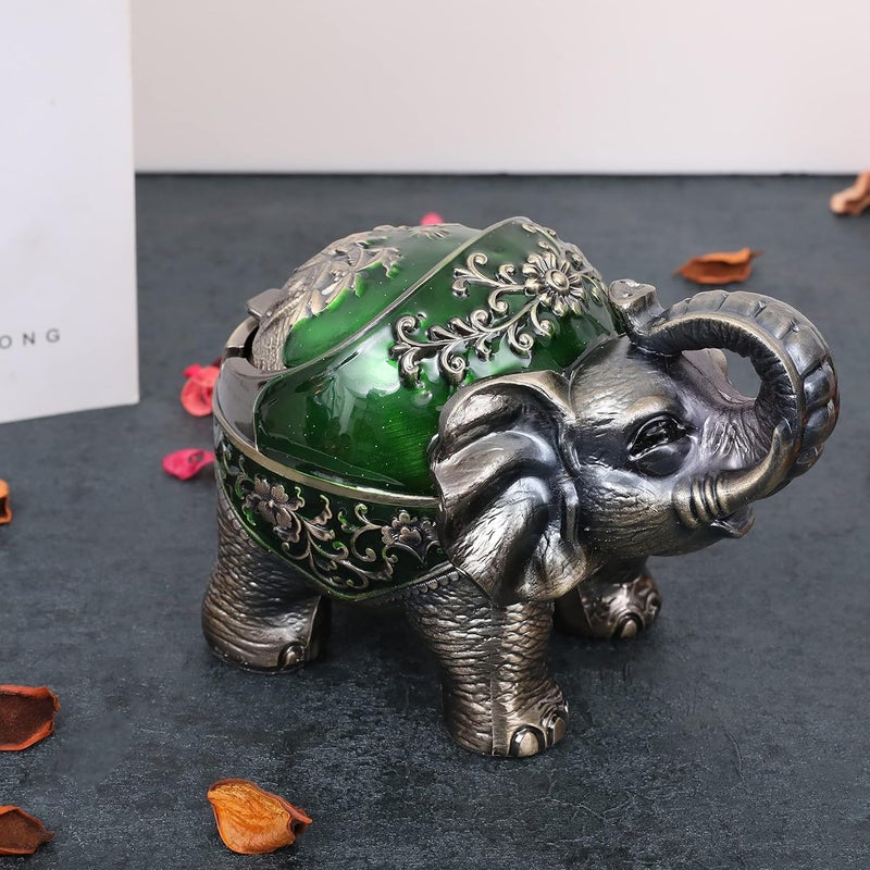 Gusnilo Stand Elephant Ash Tray Vintage Metal Ashtray with Lid - Indoor & Outdoor, Green - Image 5