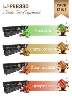 LePRESSO Aluminum Capsules for Nespresso Pack of 12 / x3 Brazil Gold / x3 Ethiopia Gold / x3 Costa Rica Gold / x3 Colombia Gold /10 Individual Capsules in Each Pack/ 120 Capsules in Total /Medium Roast Coffee  - Image 1