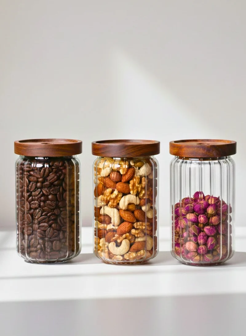 1Chase Food Storage Jars 700ML Set of 3 – Stripe Borosilicate Glass with Acacia Lids