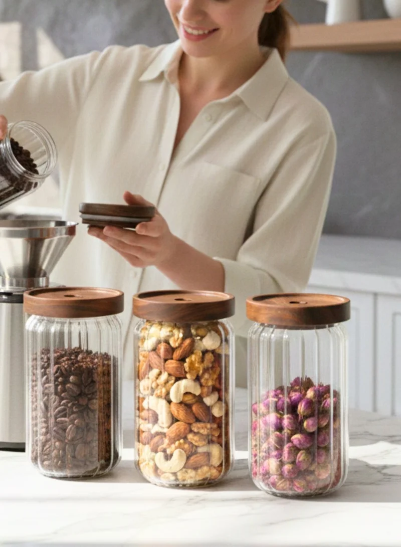 1Chase Food Storage Jars 700ML Set of 3 – Stripe Borosilicate Glass with Acacia Lids