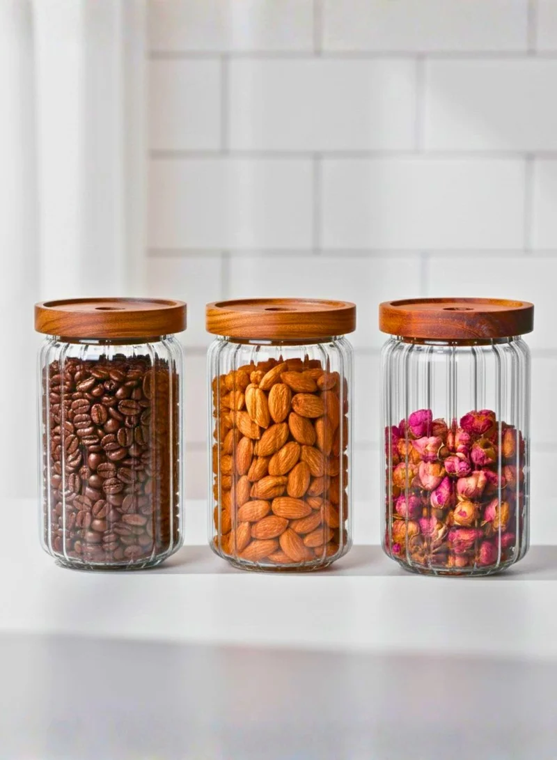 1Chase Food Storage Jars 700ML Set of 3 – Stripe Borosilicate Glass with Acacia Lids