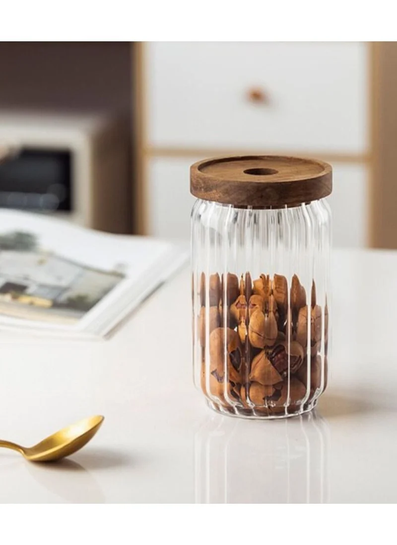 1Chase Borosilicate Stripe Glass Food Storage Jar With Acacia Wood Air Tight Lid, Set Of 3, 700 ML