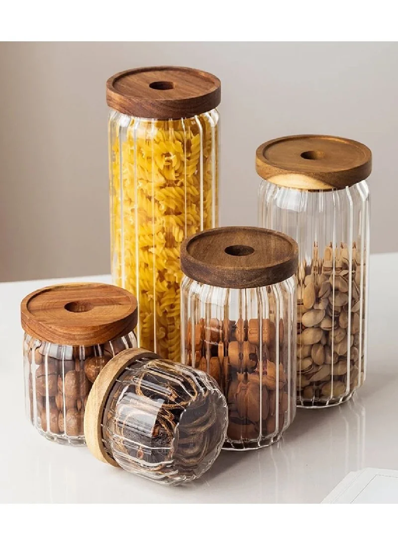 1Chase Borosilicate Stripe Glass Food Storage Jar With Acacia Wood Air Tight Lid, Set Of 3, 700 ML