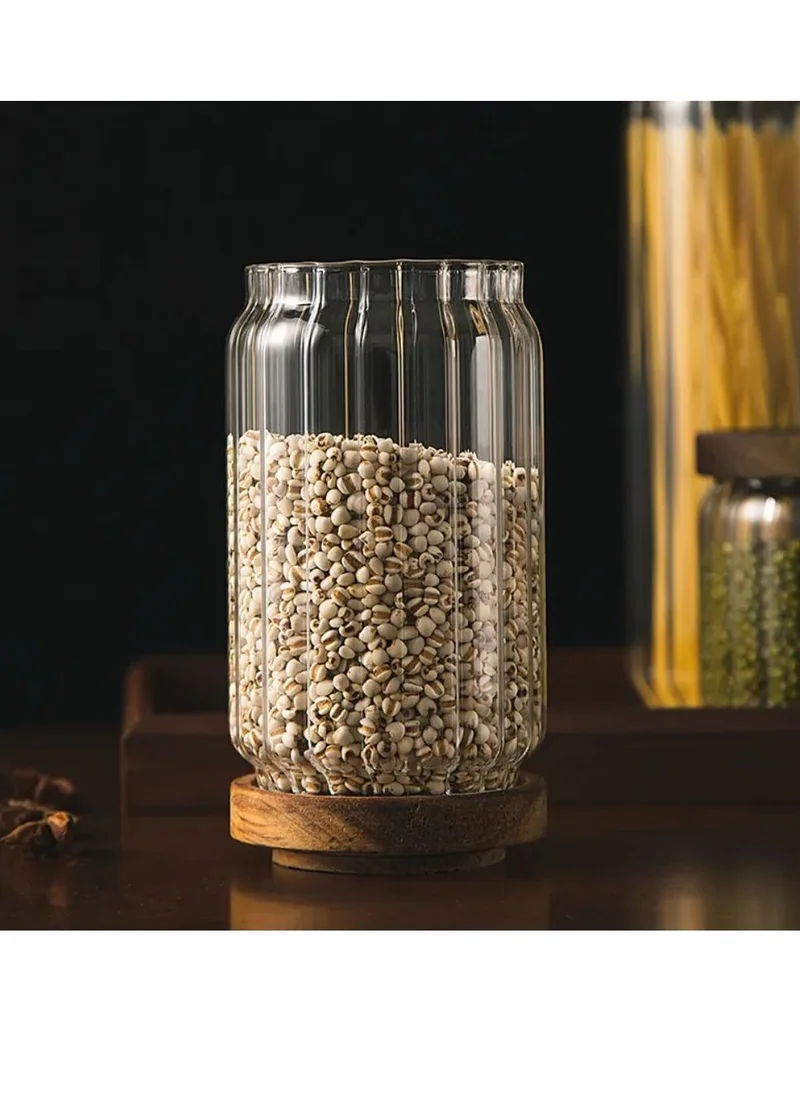 1Chase Borosilicate Stripe Glass Food Storage Jar With Acacia Wood Air Tight Lid, Set Of 3, 700 ML