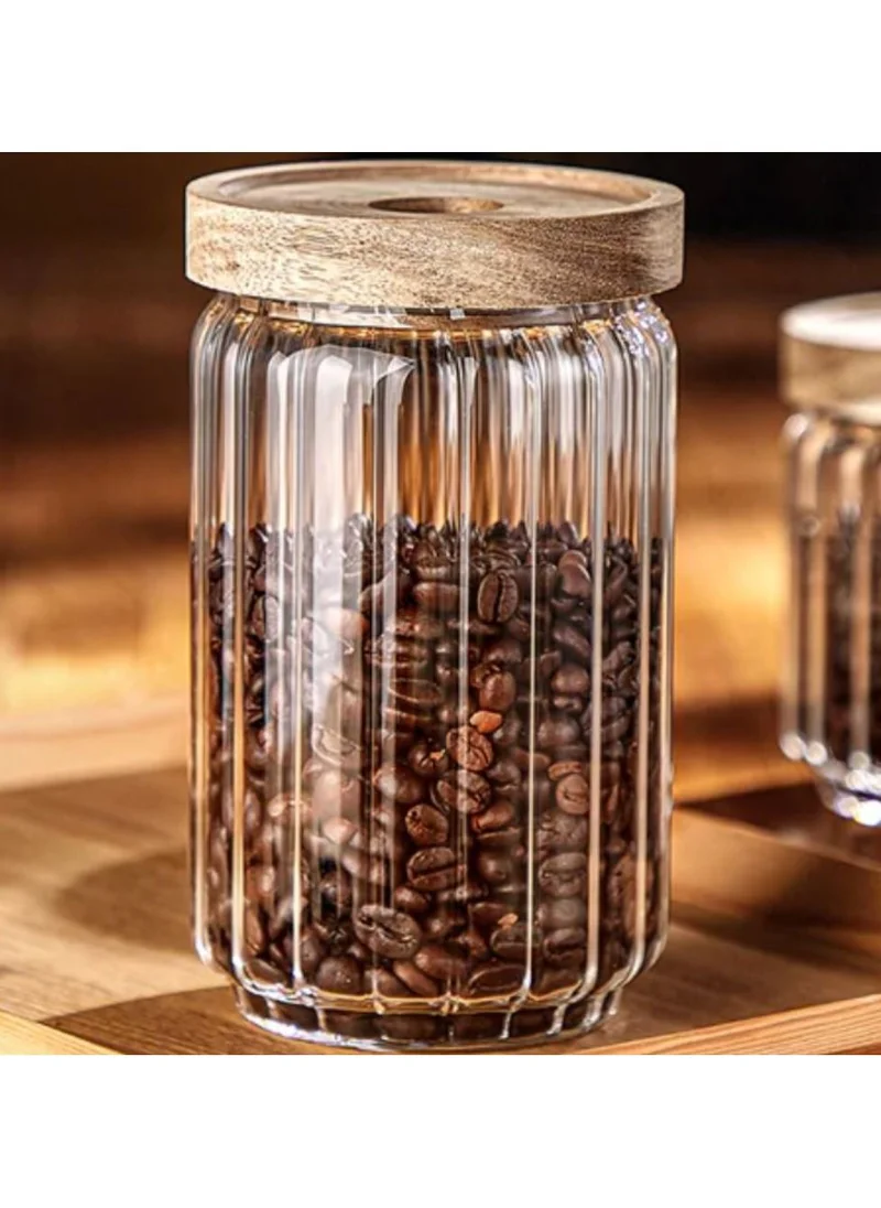 1Chase Borosilicate Stripe Glass Food Storage Jar With Acacia Wood Air Tight Lid, Set Of 3, 700 ML