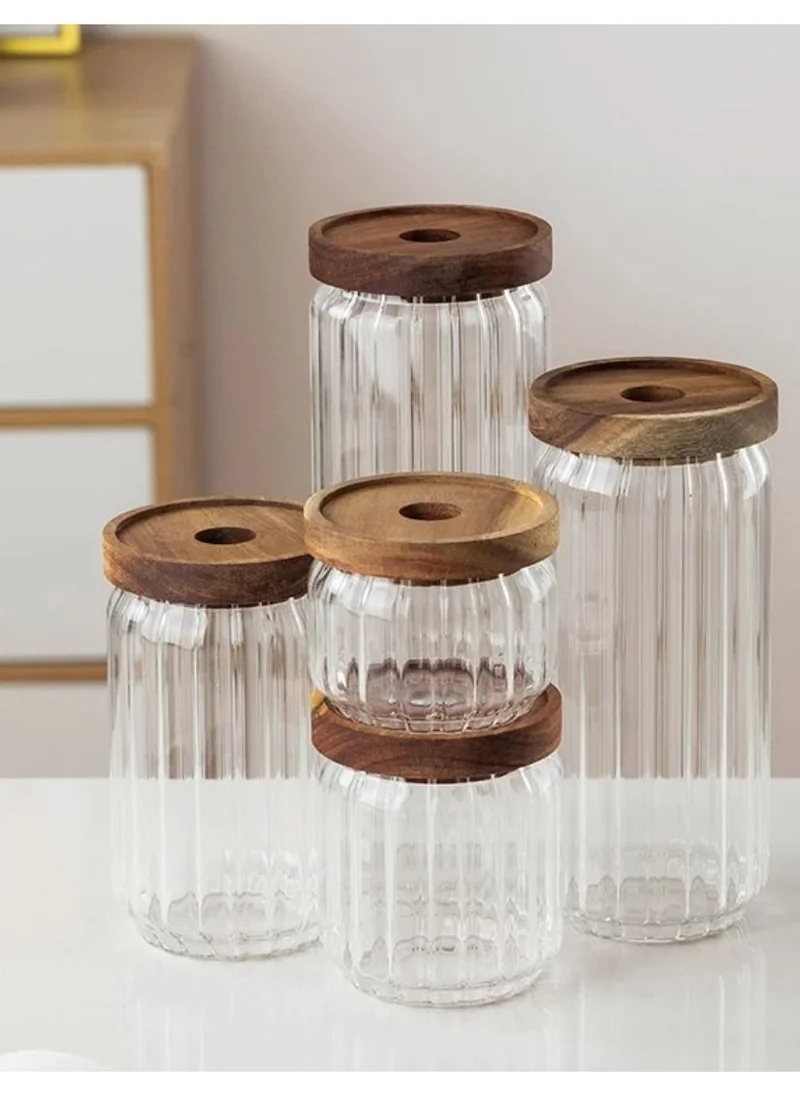 1Chase Borosilicate Stripe Glass Food Storage Jar With Acacia Wood Air Tight Lid, Set Of 3, 700 ML