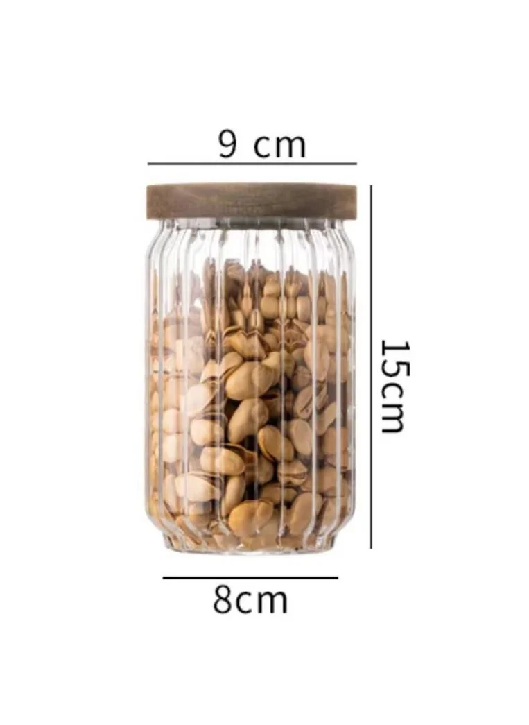 1Chase Borosilicate Stripe Glass Food Storage Jar With Acacia Wood Air Tight Lid, Set Of 3, 700 ML