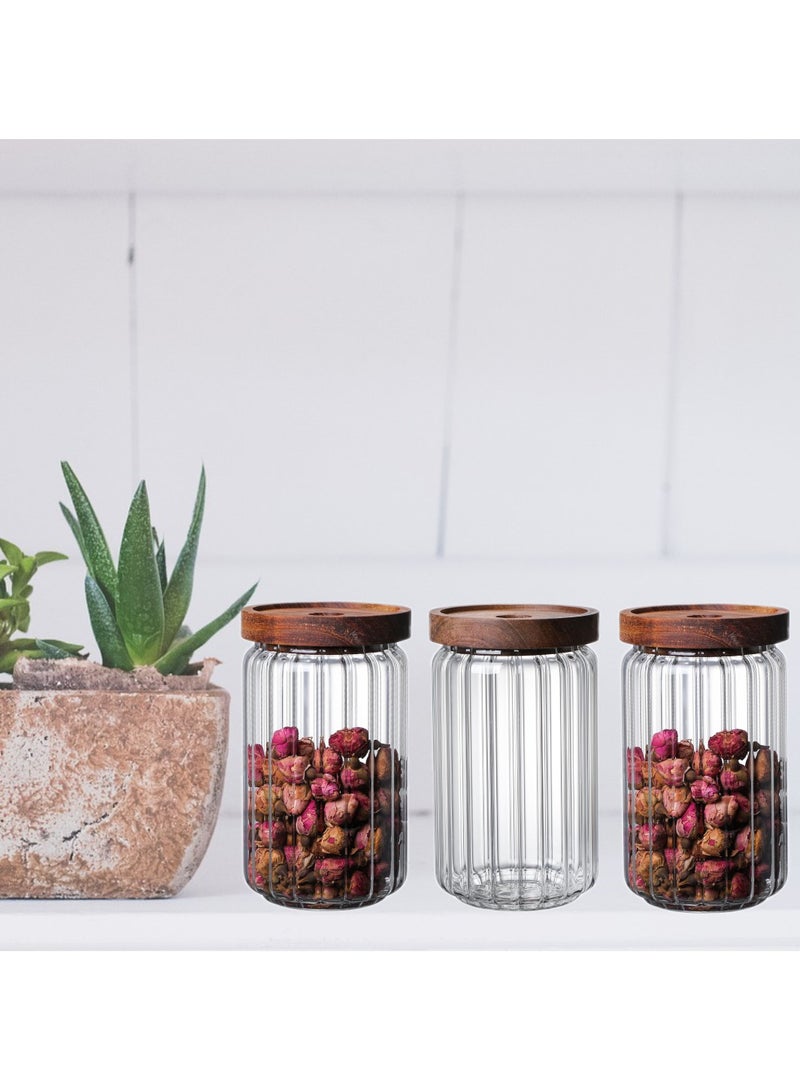 1Chase Borosilicate Stripe Glass Food Storage Jar With Acacia Wood Air Tight Lid, Set Of 3, 700 ML  - Image 1