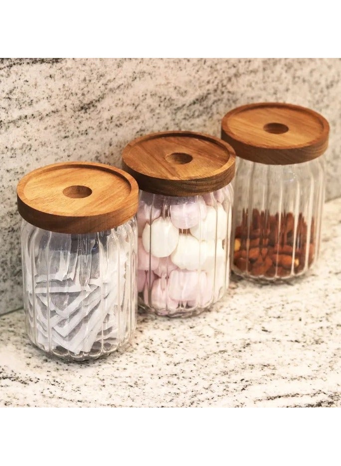 1Chase Borosilicate Stripe Glass Food Storage Jar With Acacia Wood Air Tight Lid, Set Of 3, 700 ML  - Image 2