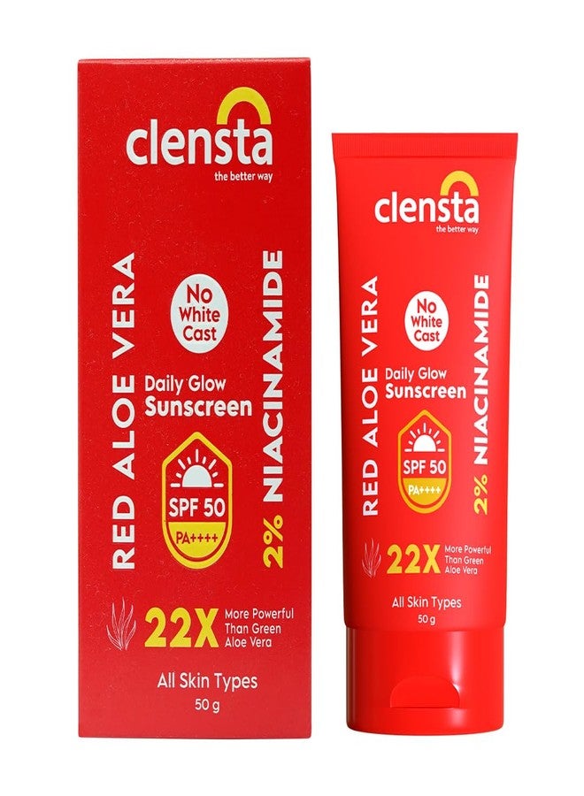 Clensta Red Aloe Vera Daily Glow Sunscreen For All Skin Types SPF 50 PA++++ | No White Cast With Red Aloe Vera & 2% Niacinamide, Lightweight, For Sun Protection & Glow - 50 G - Image 1