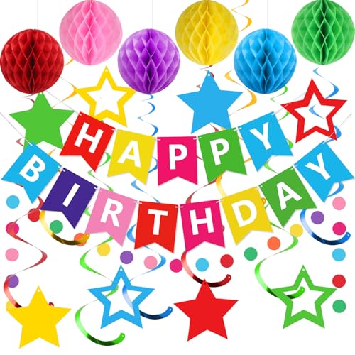 meowtastic Birthday Decorations Happy Birthday Banner with Honeycomb Balls Stars Hanging Swirls Streamers Circle Dots Garland Happy Birthday Party Decorations for Women Men Boys Girls Rainbow - Image 1
