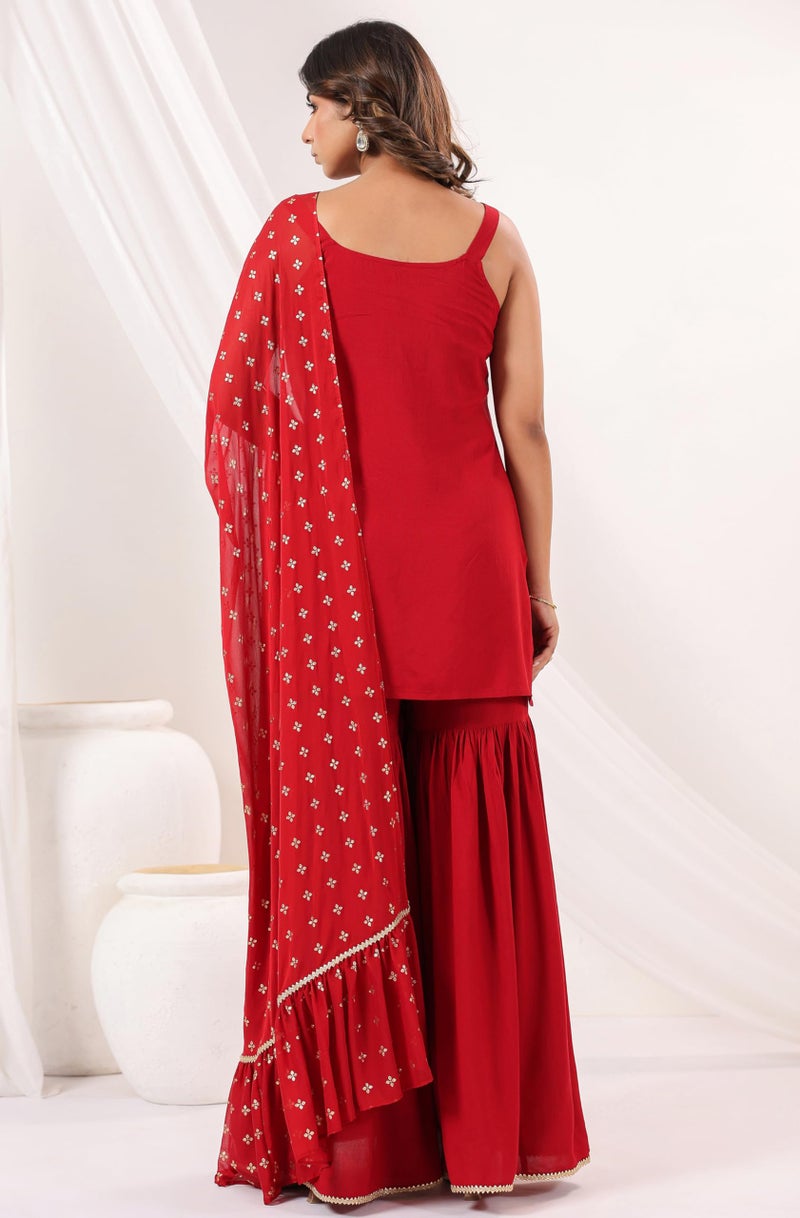 Janasya Women's Red Rayon Embellished Straight Kurti With Sharara & Dupatta Set (JAC25ST02319-XL) - Image 4