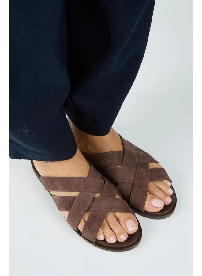 Romina Women's Genuine Leather Crisscross Knit Coffee Slippers.
