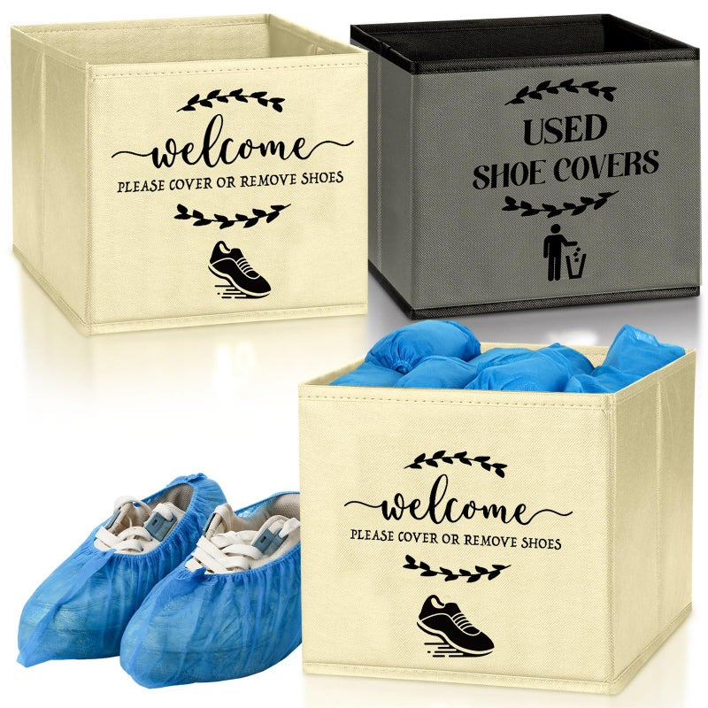 Singhoow 2 Pcs Shoe Cover Boxes Dispenser Foldable Storage Bins, Used Shoe Covers and Welcome Please or Remove Sign Entryway Basket Holder for Open House Supplies(Dark Gray, Beige) - Image 1