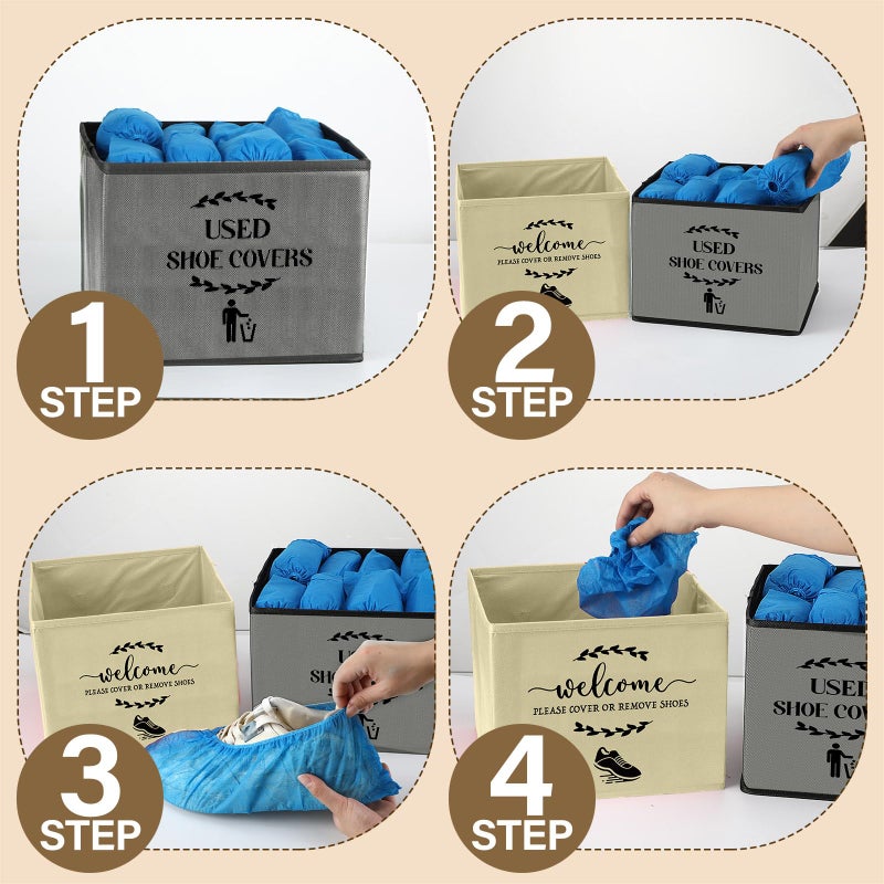 Singhoow 2 Pcs Shoe Cover Boxes Dispenser Foldable Storage Bins, Used Shoe Covers and Welcome Please or Remove Sign Entryway Basket Holder for Open House Supplies(Dark Gray, Beige) - Image 3