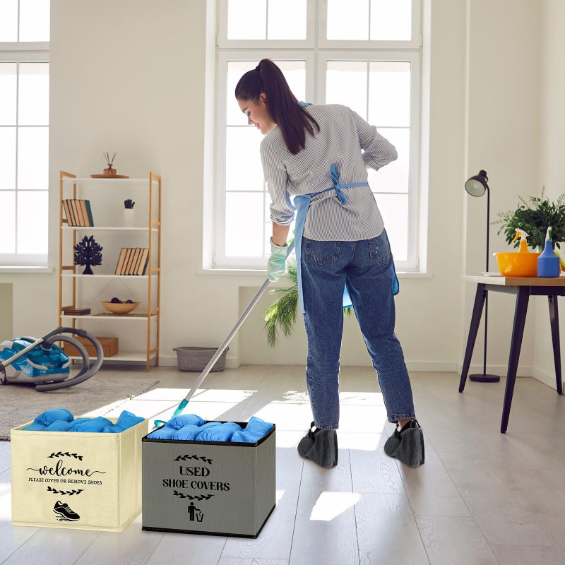 Singhoow 2 Pcs Shoe Cover Boxes Dispenser Foldable Storage Bins, Used Shoe Covers and Welcome Please or Remove Sign Entryway Basket Holder for Open House Supplies(Dark Gray, Beige) - Image 4
