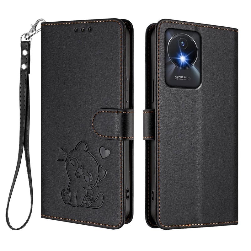 إيروريكس جراب هاتف من جلد القطة المنقوش مع حزام يد لهاتف vivo Y02 / Y02A / Y02t / Y11 2023 (أسود) - Image 2