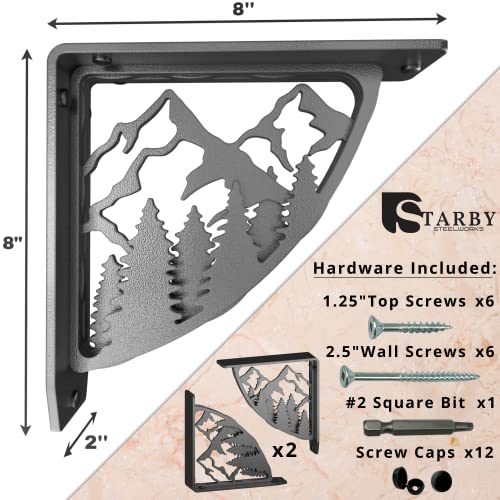 STARBY Heavy Duty Shelf Brackets. 2 Pack, 8" x 8" Fireplace Mantel Corbels. L Shaped Metal Bracket Counter Supports. Designer Wrought Iron Black. DIY Hardware Included. 500 Lb Capacity. Made in USA - Image 3