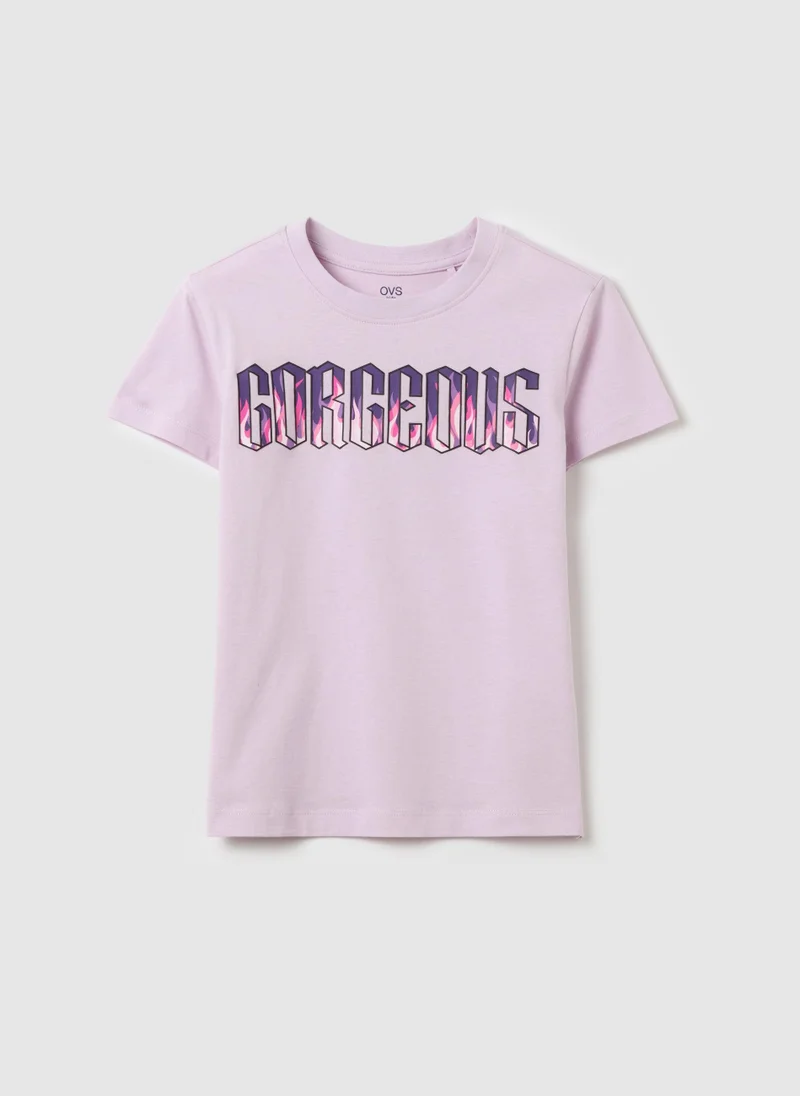 او في اس Cotton T-Shirt With ''Gorgeous'' Print