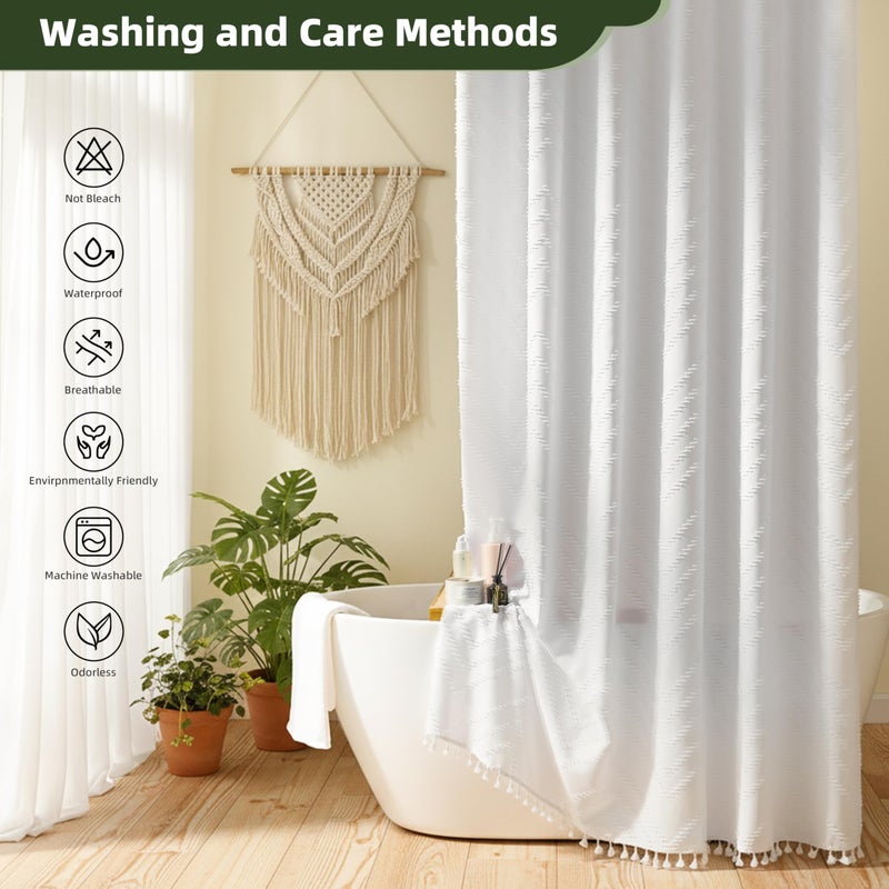 Siiluminisoy White Shower Curtain Fabric Boho Shower Curtain Cloth Textured Tufted Chevron Elegant Shower Curtains Waterproof for Bathroom 72" x 72" - Image 5