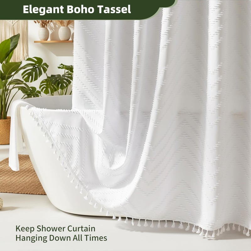 Siiluminisoy White Shower Curtain Fabric Boho Shower Curtain Cloth Textured Tufted Chevron Elegant Shower Curtains Waterproof for Bathroom 72" x 72" - Image 4